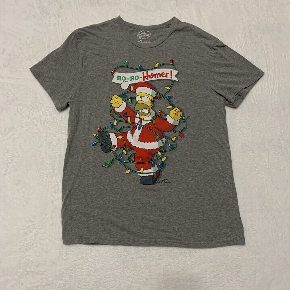 The Simpsons Christmas Shirt Large | HO HO Homer Gray Holiday Graphic Tee